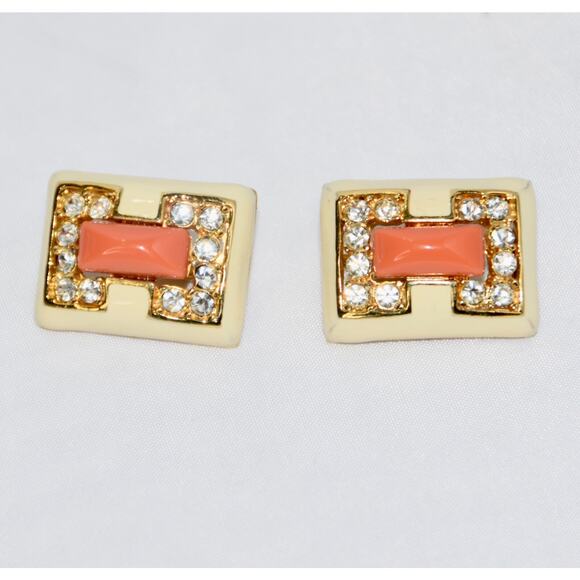 KENNETH JAY LANE Vintage Art Deco Coral - Crystal and Enamel Clip Earrings - Picture 8 of 8